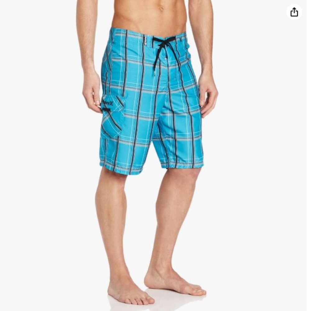 Hurley Men's Sz 28/S Puerto Rico Suede Boardshort Trunks Drawstring Plaid Blue